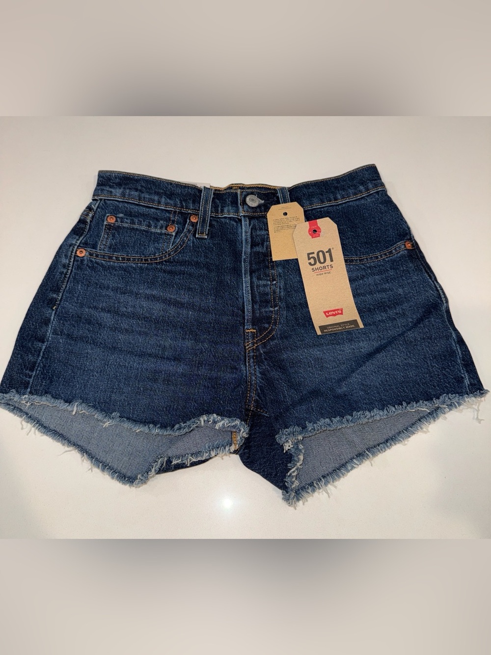 Levi's 501 Raw Hem Dark Blue Denim Shorts | Size 26